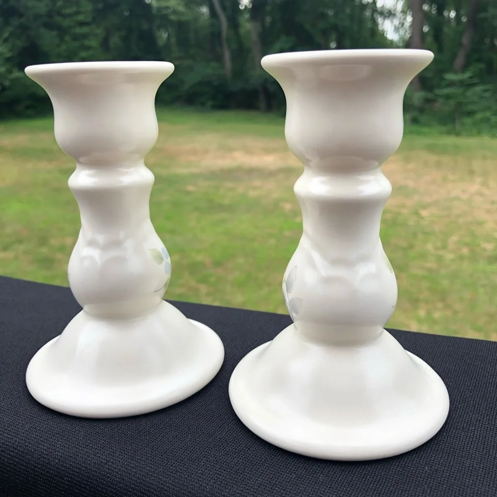 Pfaltzgraff Tea Rose 5” Candlesticks Candleholders - Pink & Blue Flowers
